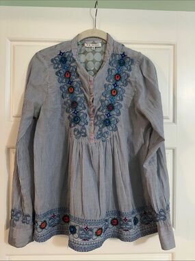 Johnny Was Blue and White Striped Embroidered Peasant Top